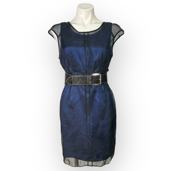 Vintage 90s Luce Silk Chiffon Overlay Sheath Dress Size Large Blue Career Goth - Picture 9 of 15